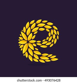 E letter logo formed by gold leaves. Vintage award laurel wreath. Vector triumph and success elements for banner, presentation, web page, card, labels or posters.