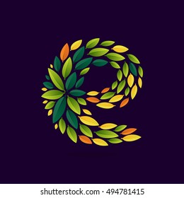 E letter logo formed by green and autumn leaves. Leaf pattern. Vector ecology elements for banner, presentation, card, labels or posters.