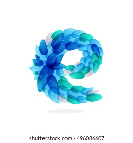 E letter logo formed by blue water splashes. Droplet pattern. Vector ecology elements for posters, t-shirts and cards.