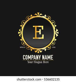 E Letter logo, Golden Monogram design elements, line art logo. Beautiful Boutique Logo Designs, Business sign, Restaurant, Royalty, Cafe, Hotel, Heraldic, Jewelry, Fashion, Wine. Vector illustration

