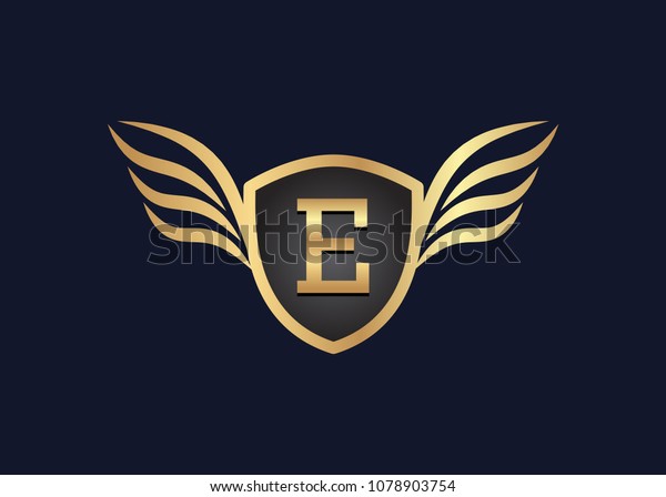E Letter logo with golden winged shield ,
vector illustration