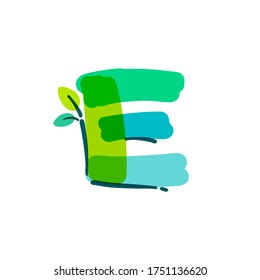 E Letter Logo With Green Leaf Handwritten With A Felt-tip Pen. Vector Bold Marker Font Can Be Used For Nature Labels, Summer Headlines, Bio Posters, Ecology Cards Etc.