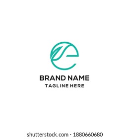 E letter logo in green leaf. Line style icon. Vector ecology elements