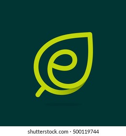 E letter logo in green leaf. Line style icon. Vector ecology elements for posters, t-shirts and cards.