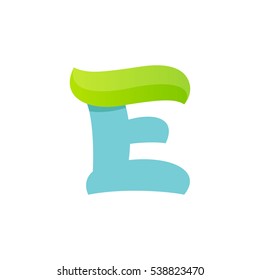 E letter logo with green leaf. Vector script font for your ecology posters, t-shirts, presentation or card.