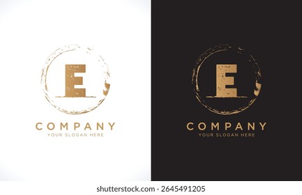 E-Letter-Logo mit Grunge-Rundform. Moderne einzigartige Creative E Logo Design Vektor Vorlage. Elegantes Identitätsdesign in Goldfarbe.