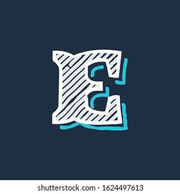 E letter logo hand drawn in victorian style with hatching and line shadow. Vector serif font for barber shop labels, education posters and identity decoration.