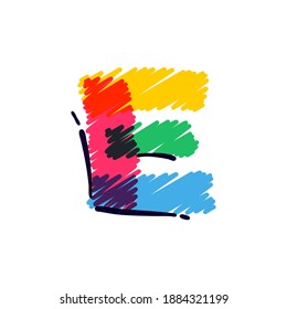 E letter logo hand drawn with a colored pencils. Perfect vector childish font for a school style cartoon, cute comic print, kindergarten posters, etc.