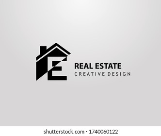 E Letter Logo. house shape with negative letter H, Real Estate Architecture Construction Icon Design.