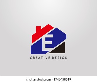 E Letter Logo. house strip shape with negative letter E, Real Estate Architecture Construction Icon Design.