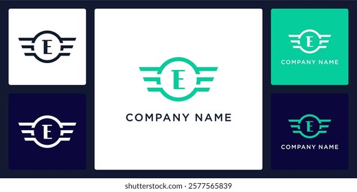 E letter logo and icon with circle and wings, vector template