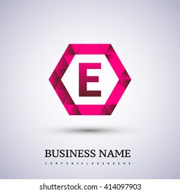 E Letter logo icon design template elements on red hexagonal.