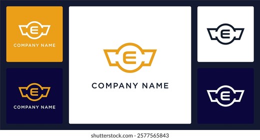 E letter logo and icon with protective wings, vector template