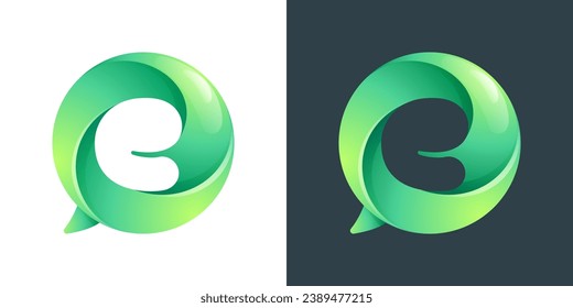 E letter logo inside speech bubble with swirl pattern. Negative space style icon. Colorful gradient emblem for your social media app, call center, online message, feedback icon, telemarketing screen.