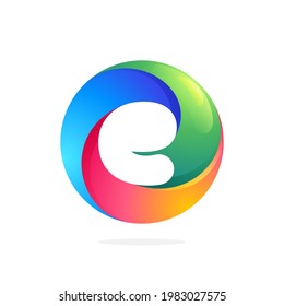 E letter logo inside swirling loop circle. Negative space style icon. Colorful gradient emblem for your social network app, fun avatar or loading screen.