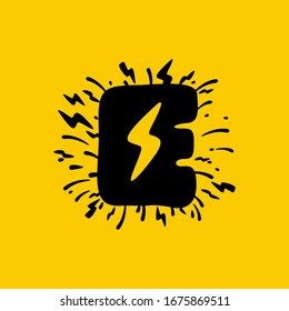 E letter logo with lightning negative space. Hand drawn monochrome vintage style. Perfect type for energy labels, superhero print, rock music posters etc.