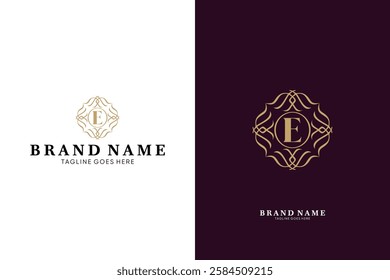 E letter logo with linear ornament luxury logo, emblem usable used for growing Business, Boutique, Identity, Beauty salon, Fashion, Jewelry, Hotel, Beauty products, Spa, etc. Vector illustration logo