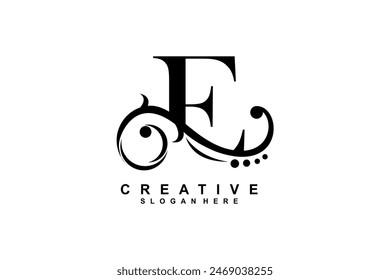 E letter logo with luxury black floral ornament. E monogram logo, E typography. suitable for business logos, companies, beauty, fashion, boutiques, etc