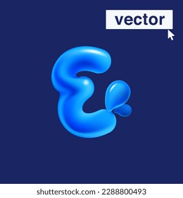 E letter logo made of blue clear water and dew drops. 3D realistic plastic cartoon balloon style. Glossy vector illustration. Perfect for eco-friendly banners, vibrant emblem, healthy food art.