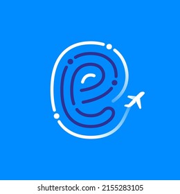 Logo de la letra E hecho de huella dactilar con el rastro de avión y avión. Icono de línea azul y blanca. Tipo de vectores para etiquetas de viaje, titulares de turismo, afiches de viaje, tarjetas de aviación, etc.