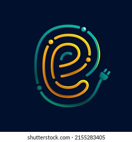 E-Brief-Logo aus Fingerabdruck mit Stecker. Farbiges Kabelsymbol mit lebhaften Farbverläufen und Linien. Perfekt für Energiedesign, Accessoires Werbung, Gadget-Verpackung, elektrische Identität.