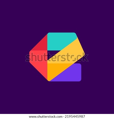 E letter logo made of overlapping lines. Vector paper multicolor origami style icon. Perfect for colorful applique art, children design, vibrant advertising, mosaic packaging, multimedia identity.