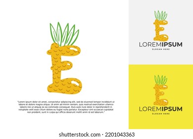 E letter logo made of pineapple. Fruit handmade calligraphy for agricultural identity, restaurant cards, kids t-shirt, summer prints, etc