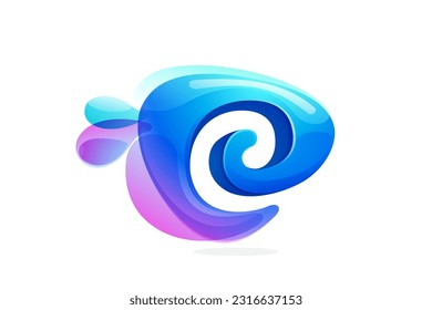 E letter logo made of spring water and dew drops. Environment friendly initial. Pure eco emblem in overlapping watercolor style. 3D realistic icon in round triangle arrow shape. Vector play button.