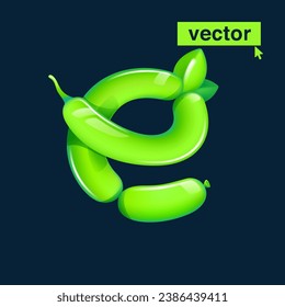 E letter logo made of twisted balloons. Eco-friendly realistic 3D render with green leaves. Vector elements in cartoon style. Perfect for nature banner, healthy food labels, garden art, and grass adv.