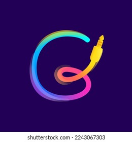 E letter logo made of vivid gradient line wire with mini jack icon and rainbow shine. Overlapping multicolor emblem. Ideal for music app, audio design, DJ identity, technology advertising.