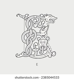 E-Brief-Logo. Mittelalterliches Fallkappen-Alphabet. Initialen aus spiralförmigen keltischen Tieren, Schlange, Drachen. Gotische illuminierte Kalligrafie. Hauptstädte des Mittelalters sind heraldische Ornate. Germanische Schriftart für heidnische Tätowierungen.