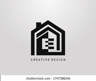 E Letter Logo. Minimalist house shape with negative E letter, Real Estate Building Icon Design.