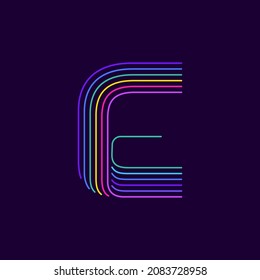 E letter logo in neon light style. Six thin lines colored font. Perfect for casino events posters, vivid emblem, nightlife banner and futuristic identity. 