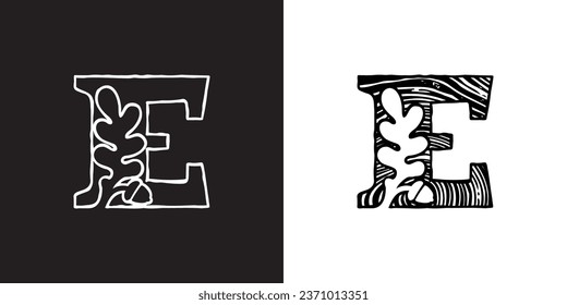 Logo de la letra E con hoja de roble y bellota. Sección transversal de árbol. Textura de madera natural, patrón de anillo. Se cortó la sierra de maletero. Emblema espacial negativo. Icono vectorial para la identidad ecológica, escudo de armas universitario, adv vintage.