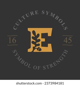 E letter logo with oak leaf and acorn. Negative space style circle emblem template. Vector icon for your ecology identity, royal brand, organic nature symbol, university coat of arms, vintage label.