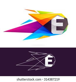 E letter logo with polygonal comet. 