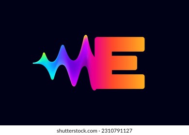 E letter logo with pulse music player element. Vibrant sound wave flow line and glitch effect. Neon gradient icon. Vector template for techno store, electronic music, audio equalizer, DJ posters.