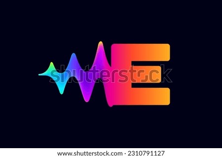 E letter logo with pulse music player element. Vibrant sound wave flow line and glitch effect. Neon gradient icon. Vector template for techno store, electronic music, audio equalizer, DJ posters.
