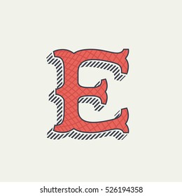 E letter logo. Retro western alphabet with line texture. Slab serif font. Vector vintage typography for your posters, sportswear, club t-shirt, banner, etc.