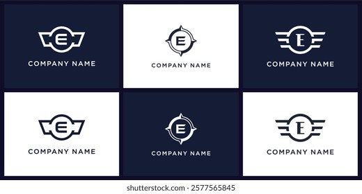 E letter logo set with compas, wing, and ring, editable vector bundle