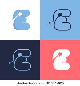 E letter logo set consisting of comet tail and negative space star icon. Perfect for energy company advertising, premium sign, success identity, etc.