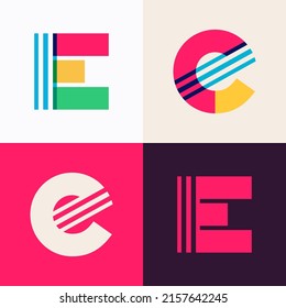 E letter logo set made of overlapping lines. Perfect for applique art, children design, vibrant advertising, mosaic packaging, pattern identity.
