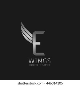 E letter logo. Silver wings symbol. Silver E letter logo template for air company