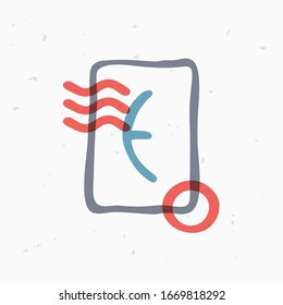 E letter logo in square frame with wavy lines and circle stamp. Color overlay style. Vector postmark typeface for labels, headlines, posters, cards etc.