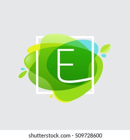 E letter logo in square frame at green watercolor splash background. Green art. Vector ecology typography for your posters, invitations, cards. 