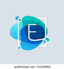 E letter logo in square frame at blue watercolor splash background. Vector ecology typography for your posters, invitations, cards. 