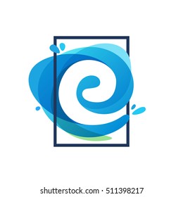 E letter logo in square frame at blue watercolor splash background. Vector ecology typography for your posters, invitations, cards. 