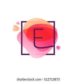 E letter logo in square frame at pink watercolor background. Happy Valentines Day design elements.