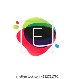 E letter logo in square frame at multicolor splash background. Vector watercolor elements for posters, t-shirts and cards.