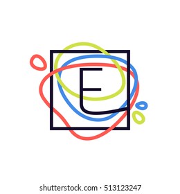 E letter logo in square frame at colorful line background. Font style, vector design template elements for your posters, invitations, cards. 